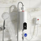 Instant electric water heater: white shower-mounted tankless unit with hose, pipes, and indicator