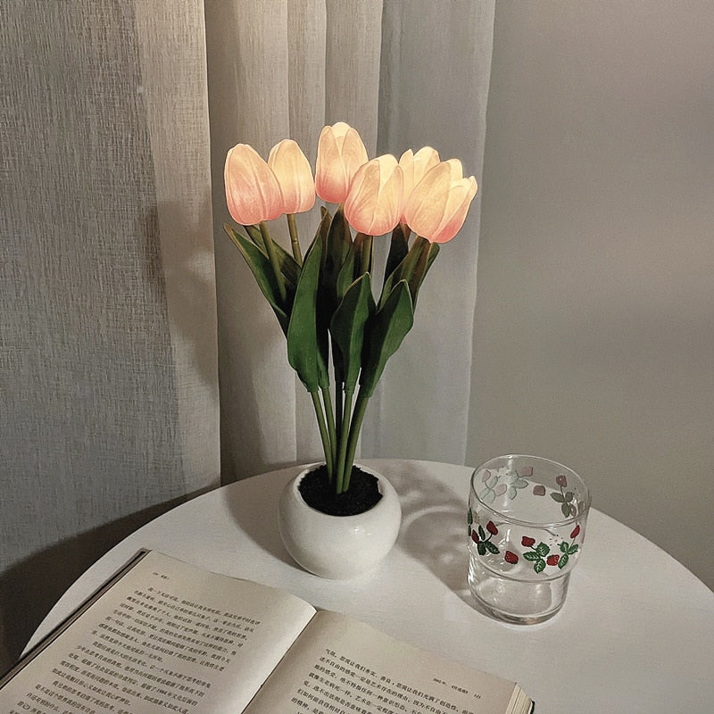 Handmade artificial tulip night light with pink blossoms in a white pot