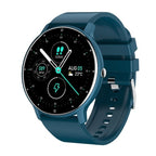 Blue slim smartwatch with round digital display and silicone fitness band