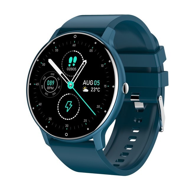 Blue slim smartwatch with round digital display and silicone fitness band