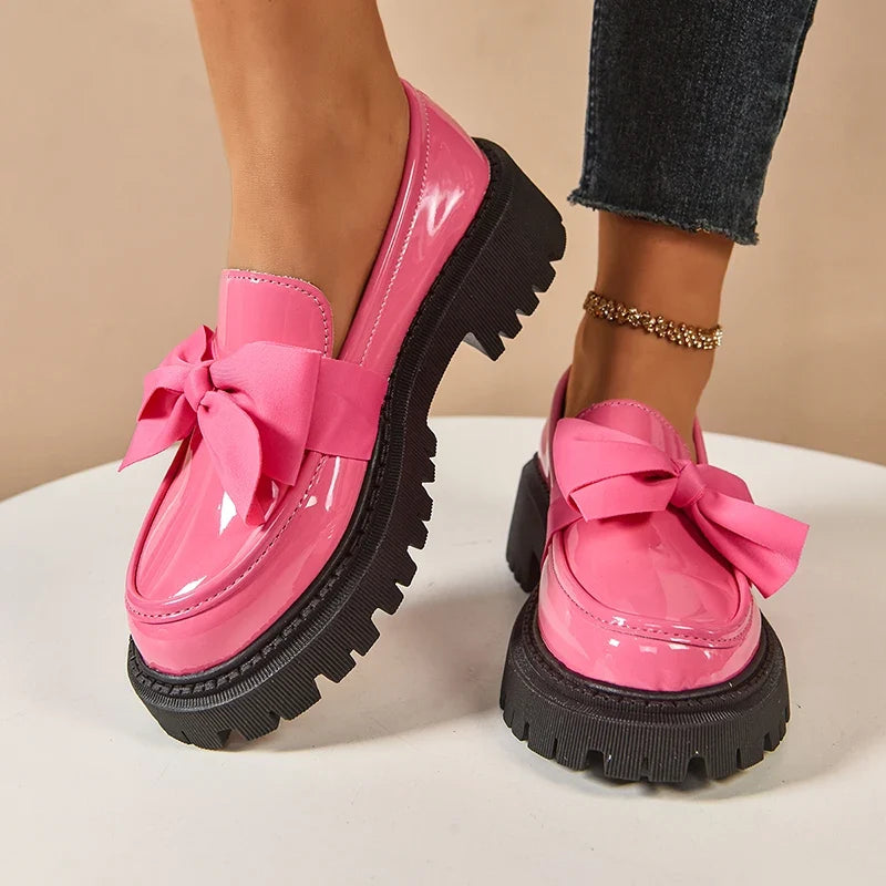 Novara | Chunky Platform Shoes for Women - Butterfly Bow High-Gloss Leather Trendy Fit-Women's Flats-Pink-4-Camoufit