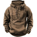 Men's burgundy lace-up hooded sweatshirt with lace-up neckline and kangaroo pocket