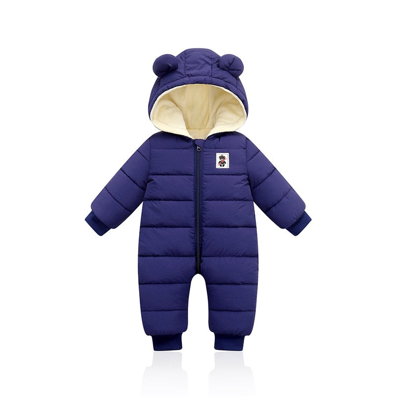 Navy hooded baby snowsuit romper with bear ears, zip front, padded quilted body