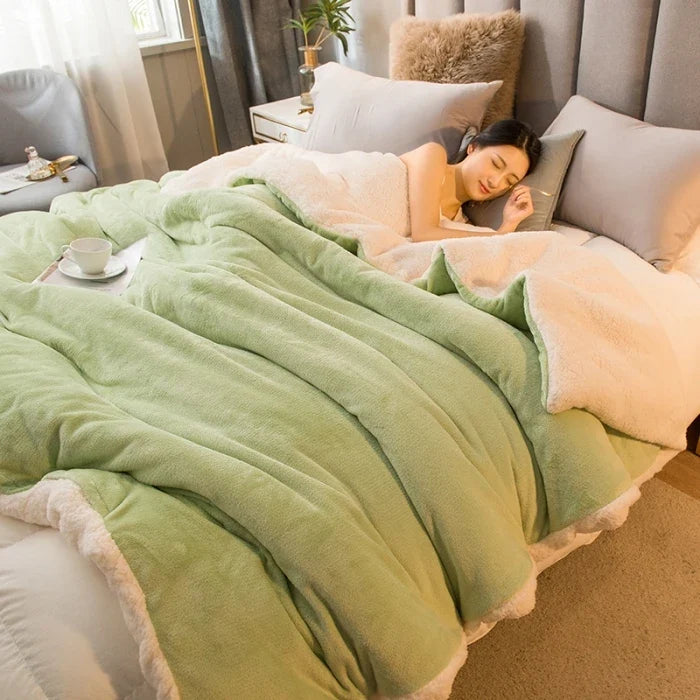 Double-sided flannel and fleece throw, light green with beige sherpa reverse