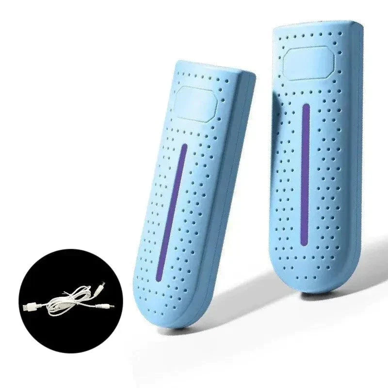 Blue electric shoe dryer with two U-shaped tubes, includes power cord accessory.