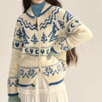 Lovira | Women's Fair Isle Hooded Cardigan Zip Up Patterned Long Sleeve Cosy Knit Jumper Coat-Womens' Cardigan-White-S-Camoufit