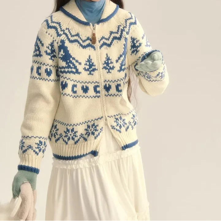 Lovira | Women's Fair Isle Hooded Cardigan Zip Up Patterned Long Sleeve Cosy Knit Jumper Coat-Womens' Cardigan-White-S-Camoufit