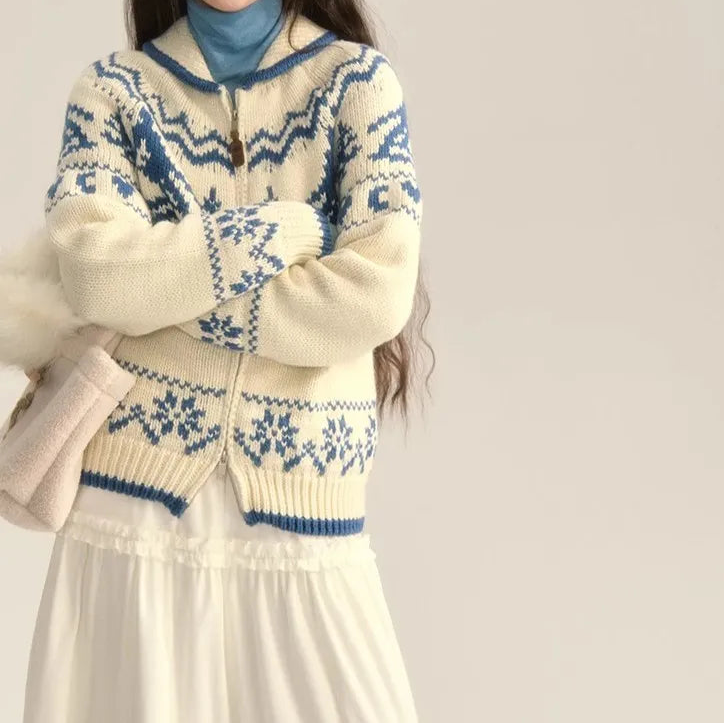 Lovira | Women's Fair Isle Hooded Cardigan Zip Up Patterned Long Sleeve Cosy Knit Jumper Coat-Womens' Cardigan-White-S-Camoufit