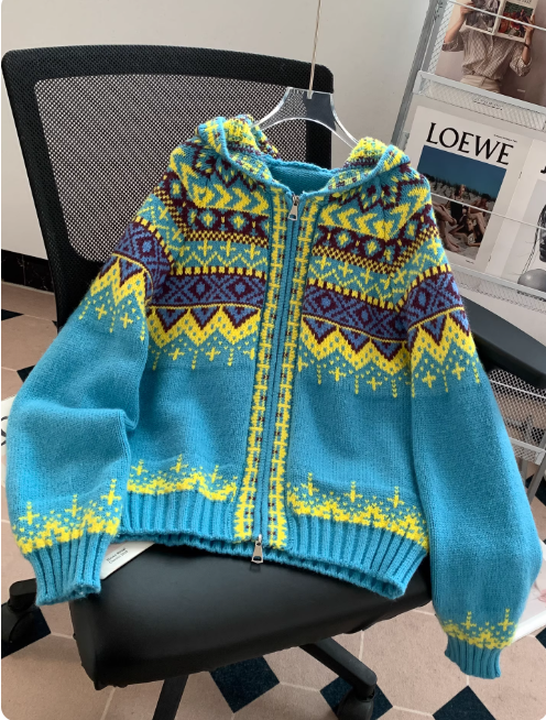 Lovira | Women's Fair Isle Hooded Cardigan Zip Up Patterned Long Sleeve Cosy Knit Jumper Coat-Womens' Cardigan-Blue-S-Camoufit