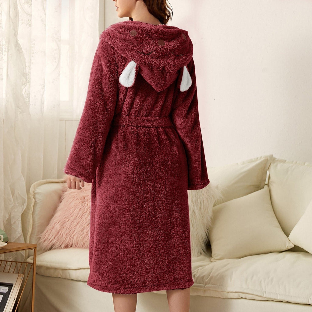 Deep red plush robe with bunny-hood ears, belt at waist, back view with hood