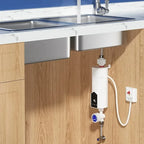 Instant electric water heater: white wall unit with black LED panel and pipe fittings