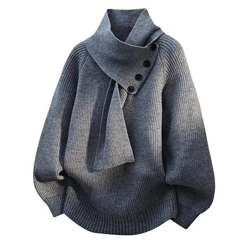 Women’s dark gray knit sweater with attached scarf-style neck tie and button placket