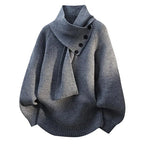 Women’s dark gray knit sweater with attached scarf-style neck tie and button placket
