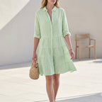 Women's Tiered Shirtdress with Collared V-Neck Button Front Three-Quarter Sleeves Breezy Style-Dresses-Green-S-