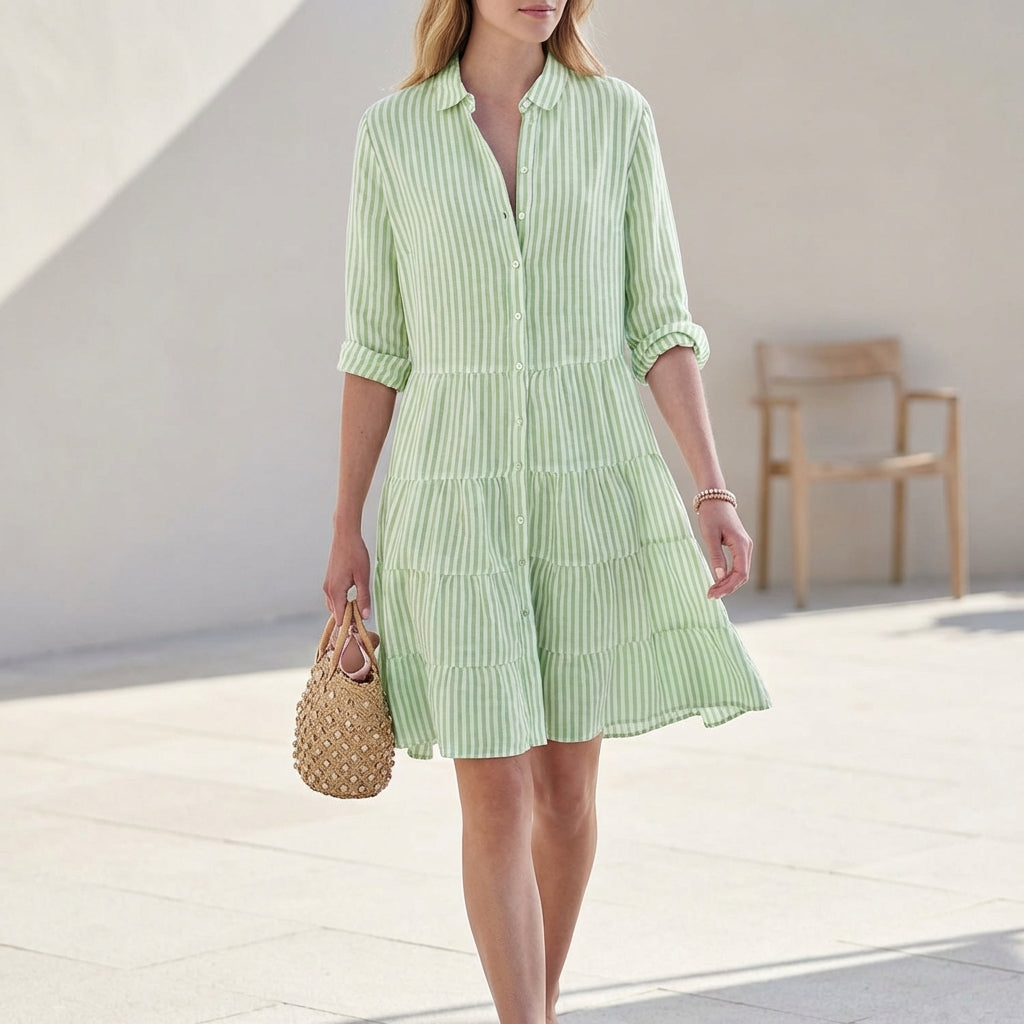 Women's Tiered Shirtdress with Collared V-Neck Button Front Three-Quarter Sleeves Breezy Style-Dresses-Green-S-