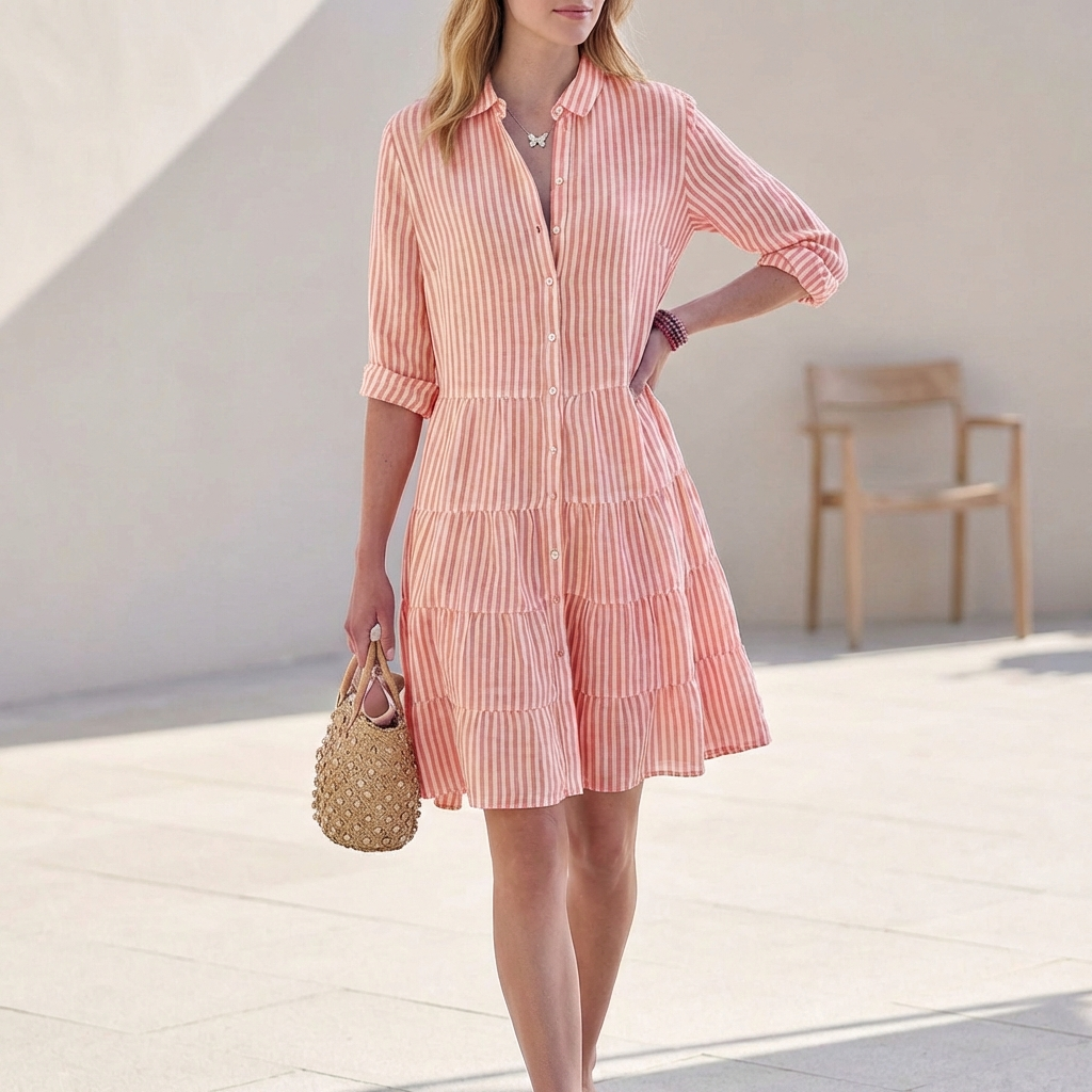 Women's Tiered Shirtdress with Collared V-Neck Button Front Three-Quarter Sleeves Breezy Style-Dresses-Red-S-