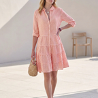 Women's Tiered Shirtdress with Collared V-Neck Button Front Three-Quarter Sleeves Breezy Style-Dresses-Red-S-