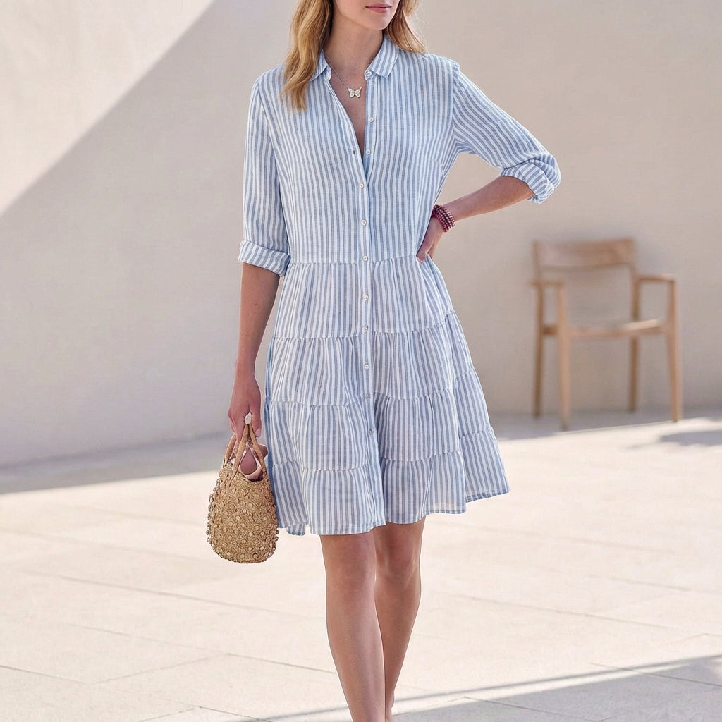 Women's Tiered Shirtdress with Collared V-Neck Button Front Three-Quarter Sleeves Breezy Style-Dresses-Blue-S-