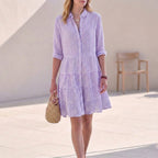 Women's Tiered Shirtdress with Collared V-Neck Button Front Three-Quarter Sleeves Breezy Style-Dresses-Purple-S-
