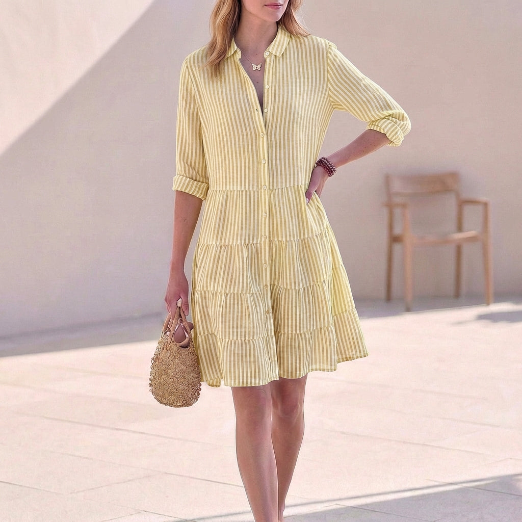 Women's Tiered Shirtdress with Collared V-Neck Button Front Three-Quarter Sleeves Breezy Style-Dresses-Yellow-S-