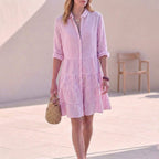 Women's Tiered Shirtdress with Collared V-Neck Button Front Three-Quarter Sleeves Breezy Style-Dresses-Pink-S-