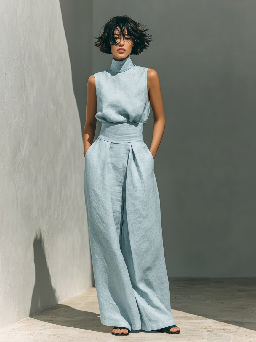 Alviera | Cotton Linen Jumpsuit for Women - High Neck Sleeveless Wide Leg Elegant Regular Fit-Jumpsuit-Light Blue-S-Camoufit