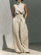 Alviera | Cotton Linen Jumpsuit for Women - High Neck Sleeveless Wide Leg Elegant Regular Fit-Jumpsuit-Khaki-S-Camoufit