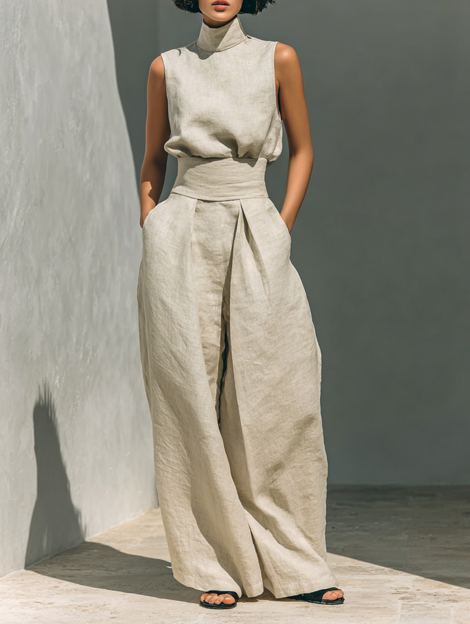 Alviera | Cotton Linen Jumpsuit for Women - High Neck Sleeveless Wide Leg Elegant Regular Fit-Jumpsuit-Khaki-S-Camoufit