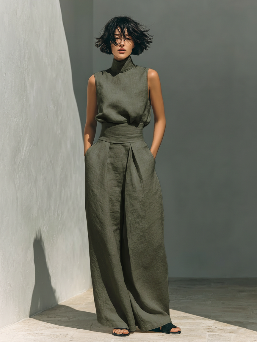 Alviera | Cotton Linen Jumpsuit for Women - High Neck Sleeveless Wide Leg Elegant Regular Fit-Jumpsuit-Military Green-S-Camoufit