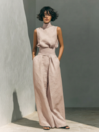 Alviera | Cotton Linen Jumpsuit for Women - High Neck Sleeveless Wide Leg Elegant Regular Fit-Jumpsuit-Light Pink-S-Camoufit