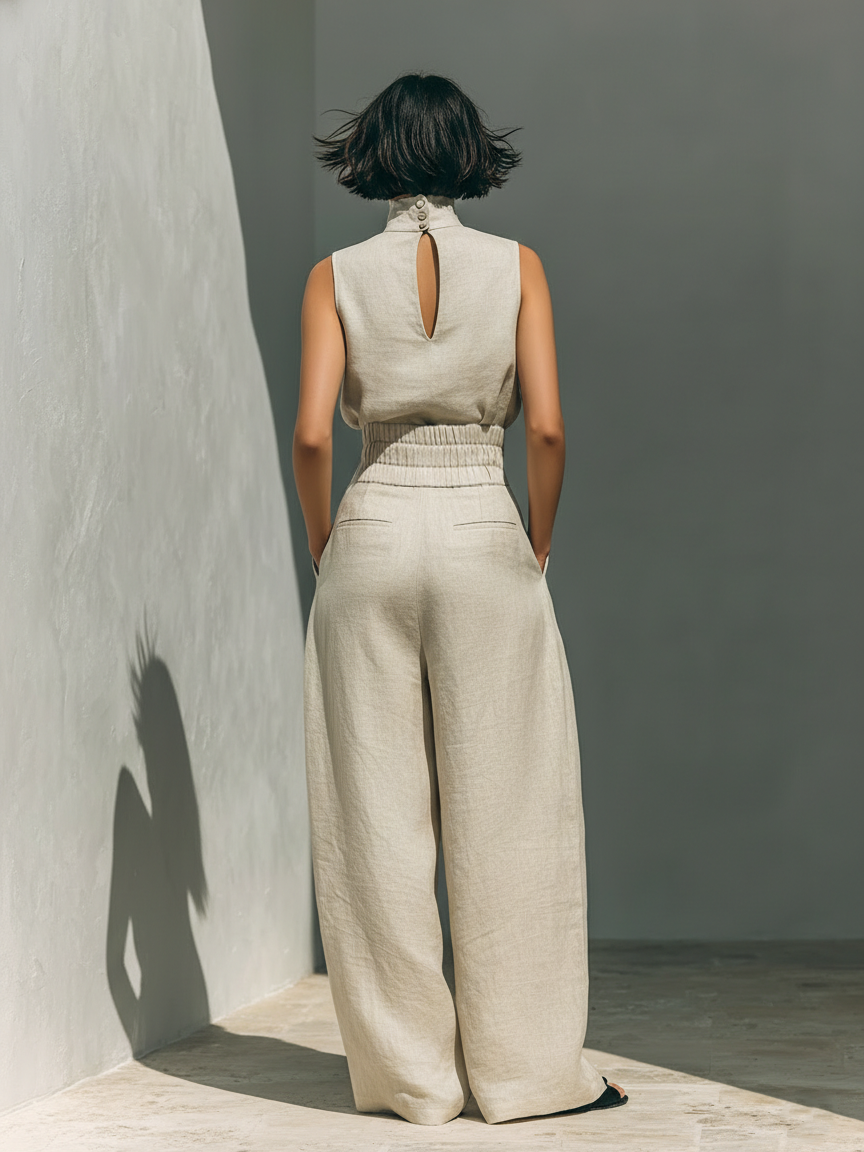 Alviera | Cotton Linen Jumpsuit for Women - High Neck Sleeveless Wide Leg Elegant Regular Fit-Jumpsuit-Light Blue-S-Camoufit
