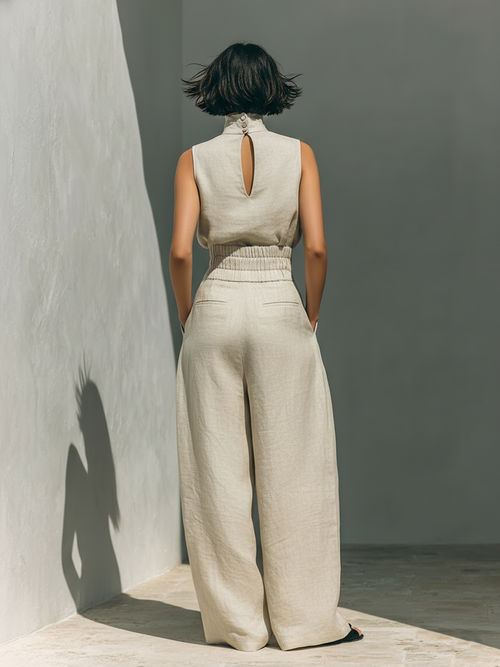 Alviera | Cotton Linen Jumpsuit for Women - High Neck Sleeveless Wide Leg Elegant Regular Fit-Jumpsuit-Light Blue-S-Camoufit