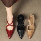 Orelia | Women's Genuine Leather Pointed Toe Mules – Cross Strap Elegant Fit-Women's Flats-Maroon-4-