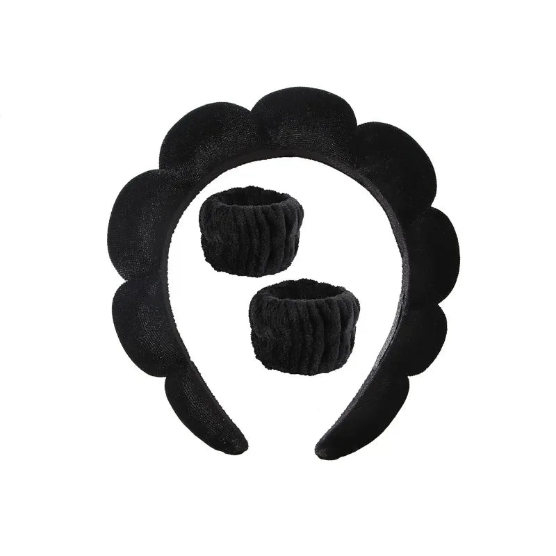 Black plush spa headband with two matching fuzzy wrist towels for face washing