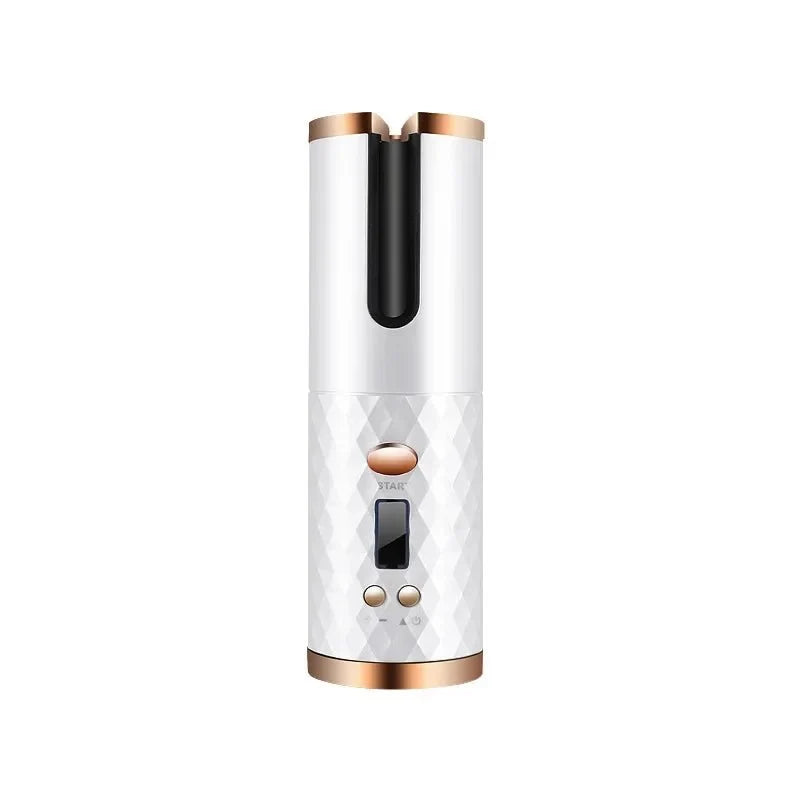 Cordless automatic curling iron in white with gold accents and diamond pattern lower grip