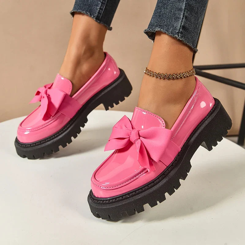Novara | Chunky Platform Shoes for Women - Butterfly Bow High-Gloss Leather Trendy Fit-Women's Flats-Pink-4-Camoufit