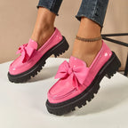 Novara | Chunky Platform Shoes for Women - Butterfly Bow High-Gloss Leather Trendy Fit-Women's Flats-Pink-4-Camoufit