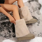 Women’s tall platform boots with plush beige shafts and chunky lug soles