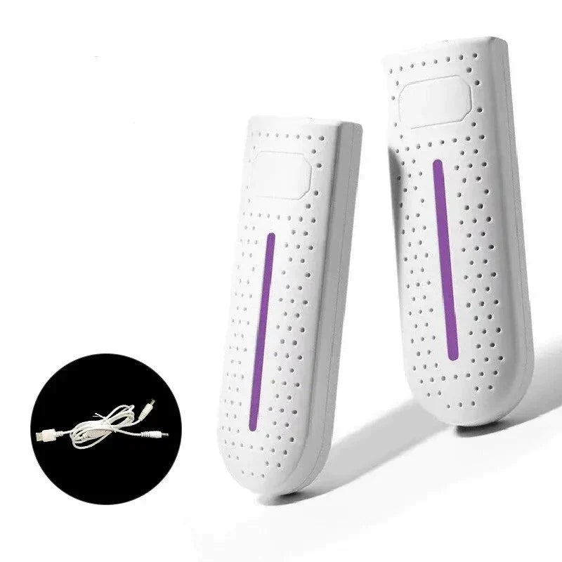 Portable shoe dryer with UV light, white pair with purple glow and power cords