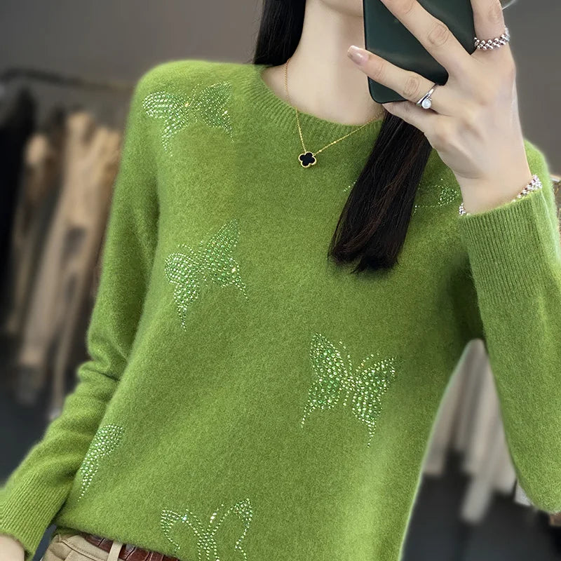 Pamelo | Women's Butterfly Knit Sweater - Long Sleeve Embellished Pullover with Ribbed Trim