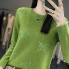 Pamelo | Women's Butterfly Knit Sweater - Long Sleeve Embellished Pullover with Ribbed Trim