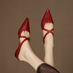 Orelia | Women's Genuine Leather Pointed Toe Mules – Cross Strap Elegant Fit-Women's Flats-Maroon-4-