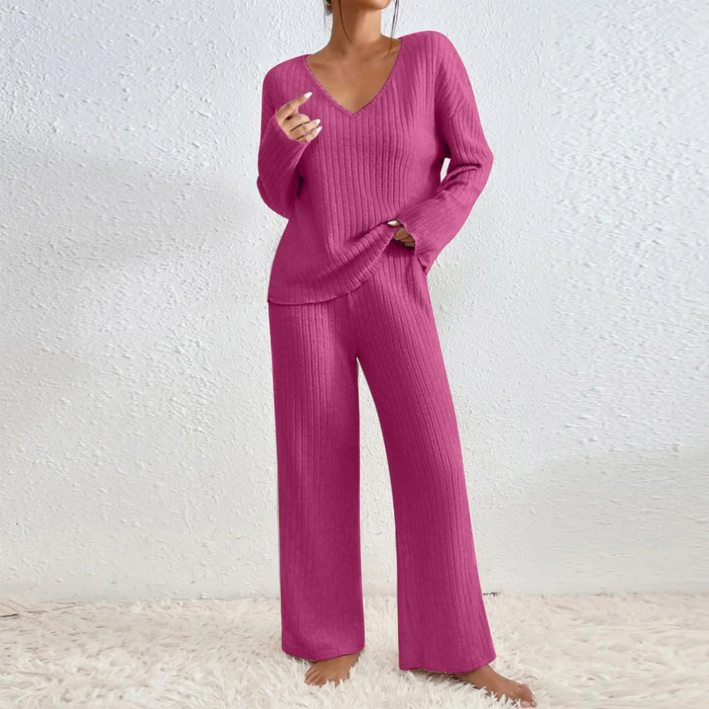 Amélis | Soft Knit Set for Women - V Neck Ribbed Sweater Trousers Relaxed Cosy Two Piece Fit-Loungewear set-Pink-S-Camoufit