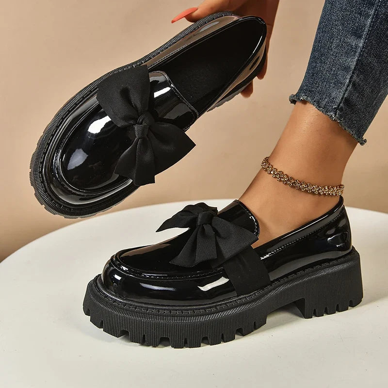 Novara | Chunky Platform Shoes for Women - Butterfly Bow High-Gloss Leather Trendy Fit-Women's Flats-Pink-4-Camoufit