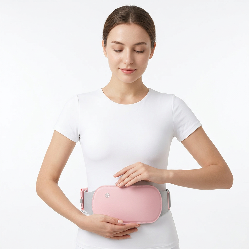 Rechargeable heated belly warmer, soft pink pad with round power button