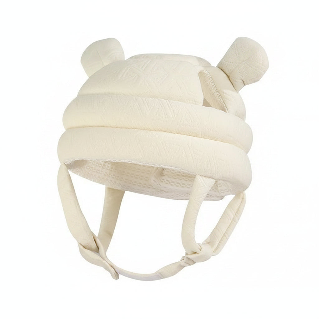 White baby helmet with bear ears on a beige background, labeled 'Rice (waffle)'.