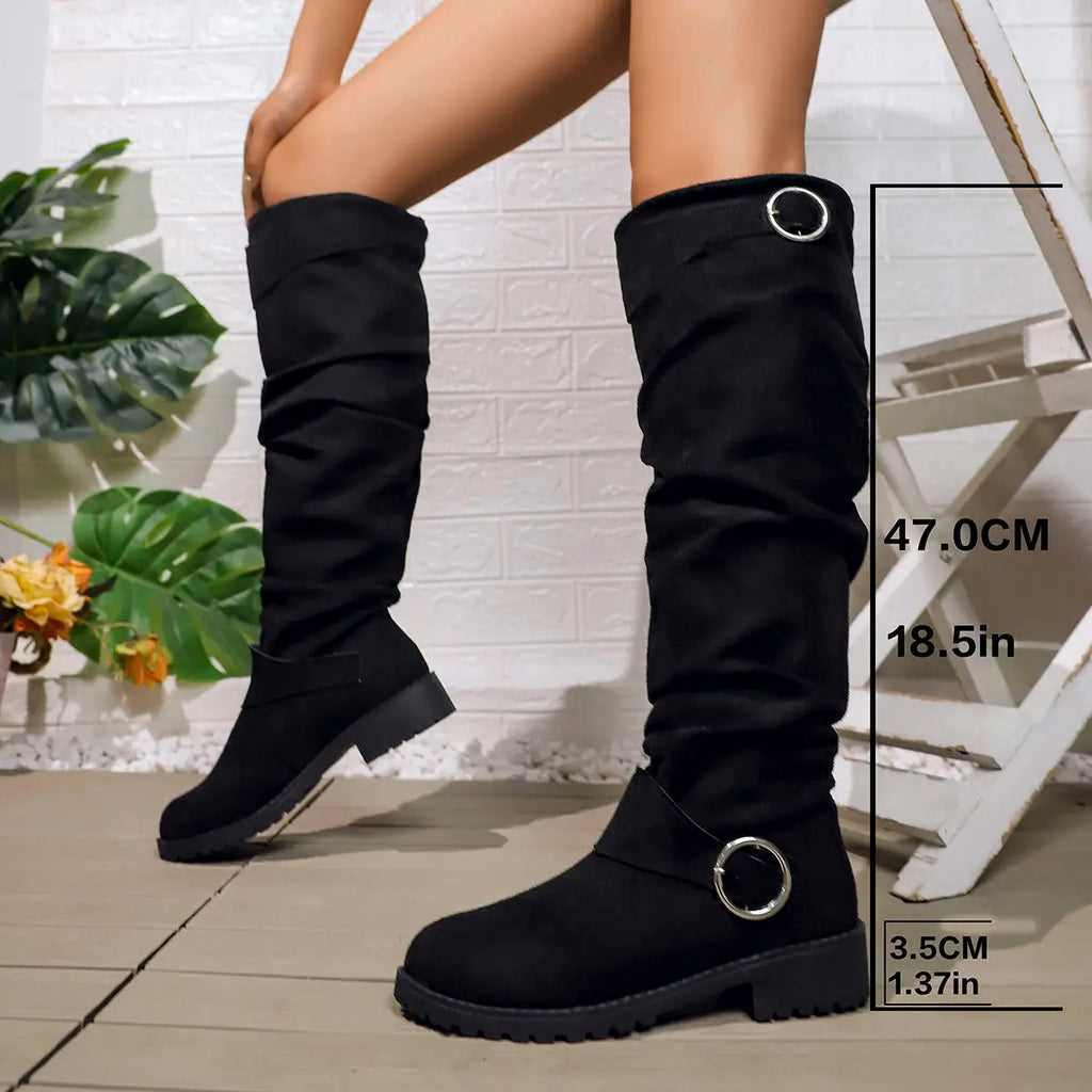Dôre | Women's Knee High Boots - Low Block Heel Tall Boots with Ring Accent