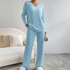 Amélis | Soft Knit Set for Women - V Neck Ribbed Sweater Trousers Relaxed Cosy Two Piece Fit-Loungewear set-Turquoise-S-Camoufit