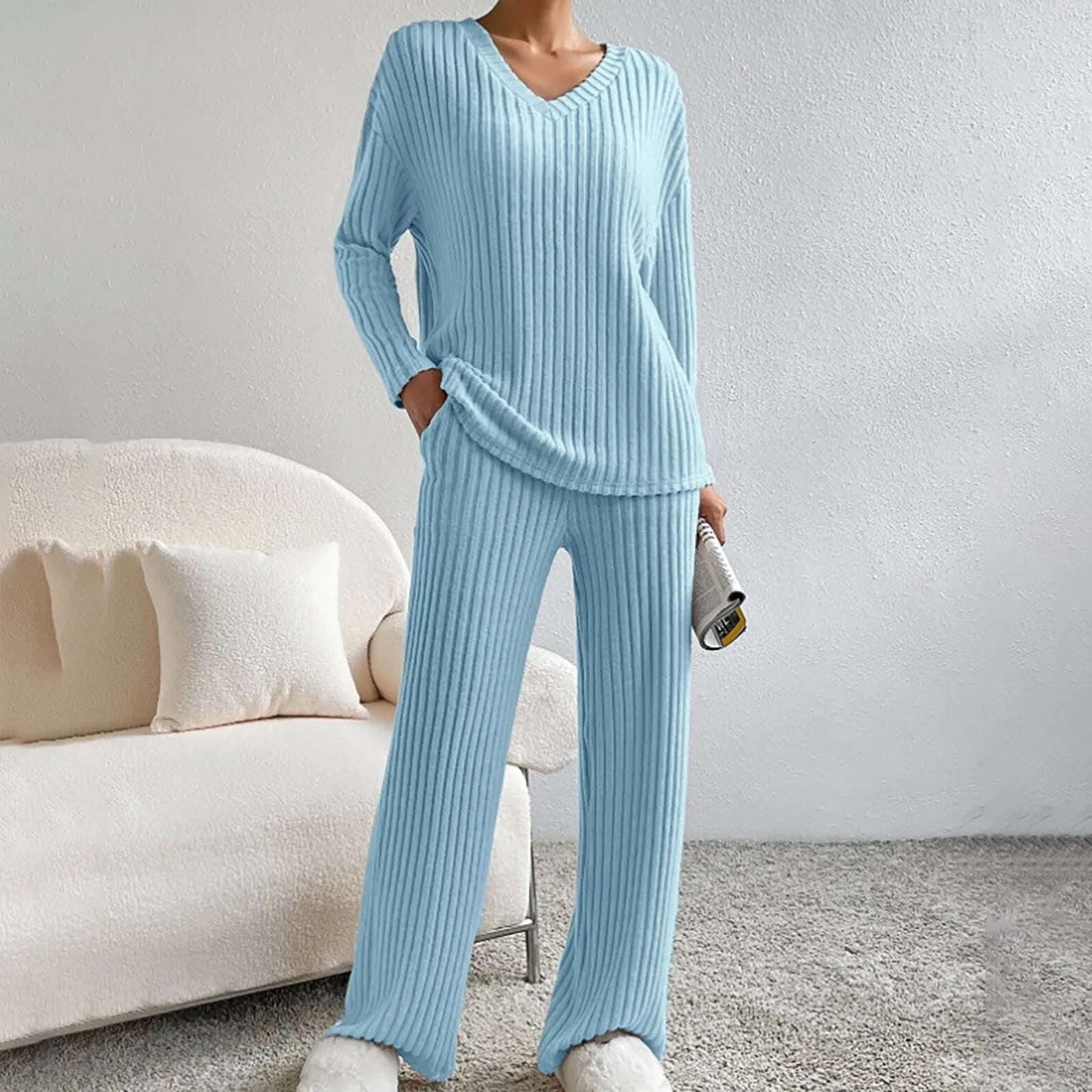 Amélis | Soft Knit Set for Women - V Neck Ribbed Sweater Trousers Relaxed Cosy Two Piece Fit-Loungewear set-Turquoise-S-Camoufit