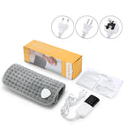 Gray electric heating pad with power cord, control box, and instruction papers